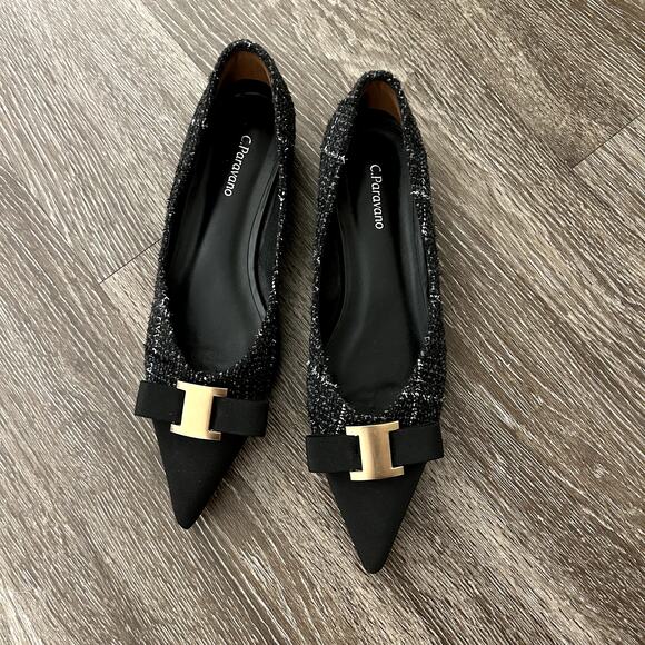 C. Paravano Aida Tweed Pointed Toe Flats Black Gold Metal Bow US 9 Workwear EUC - Picture 14 of 16